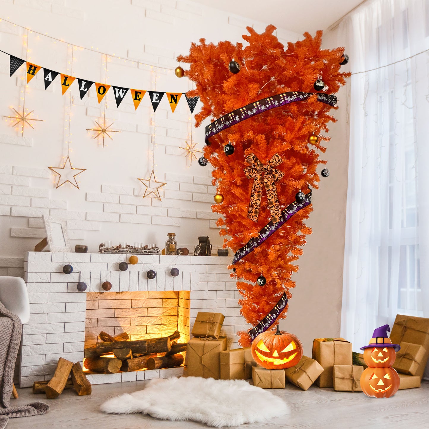 Upside Down Halloween-Inspired 7.5 FT Tree with Orange Foliage and LED Lights