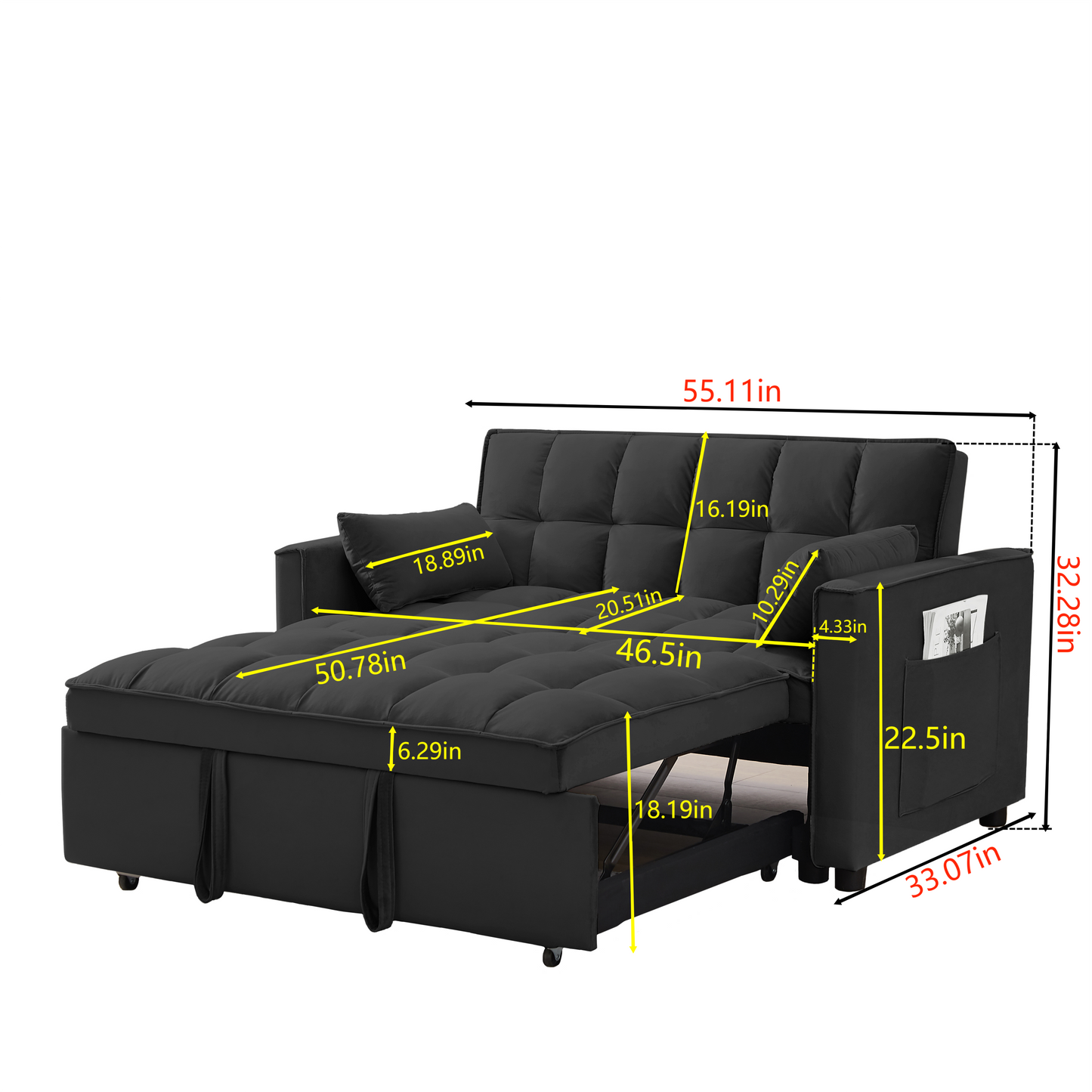 Modern Velvet Loveseat Futon Sofa Couch w/Pullout Bed, Small Love Seat Lounge Sofa w/Reclining Backrest, Toss Pillows, Pockets, Furniture for Living Room,3 in 1 Convertible Sleeper Sofa Bed,  Black