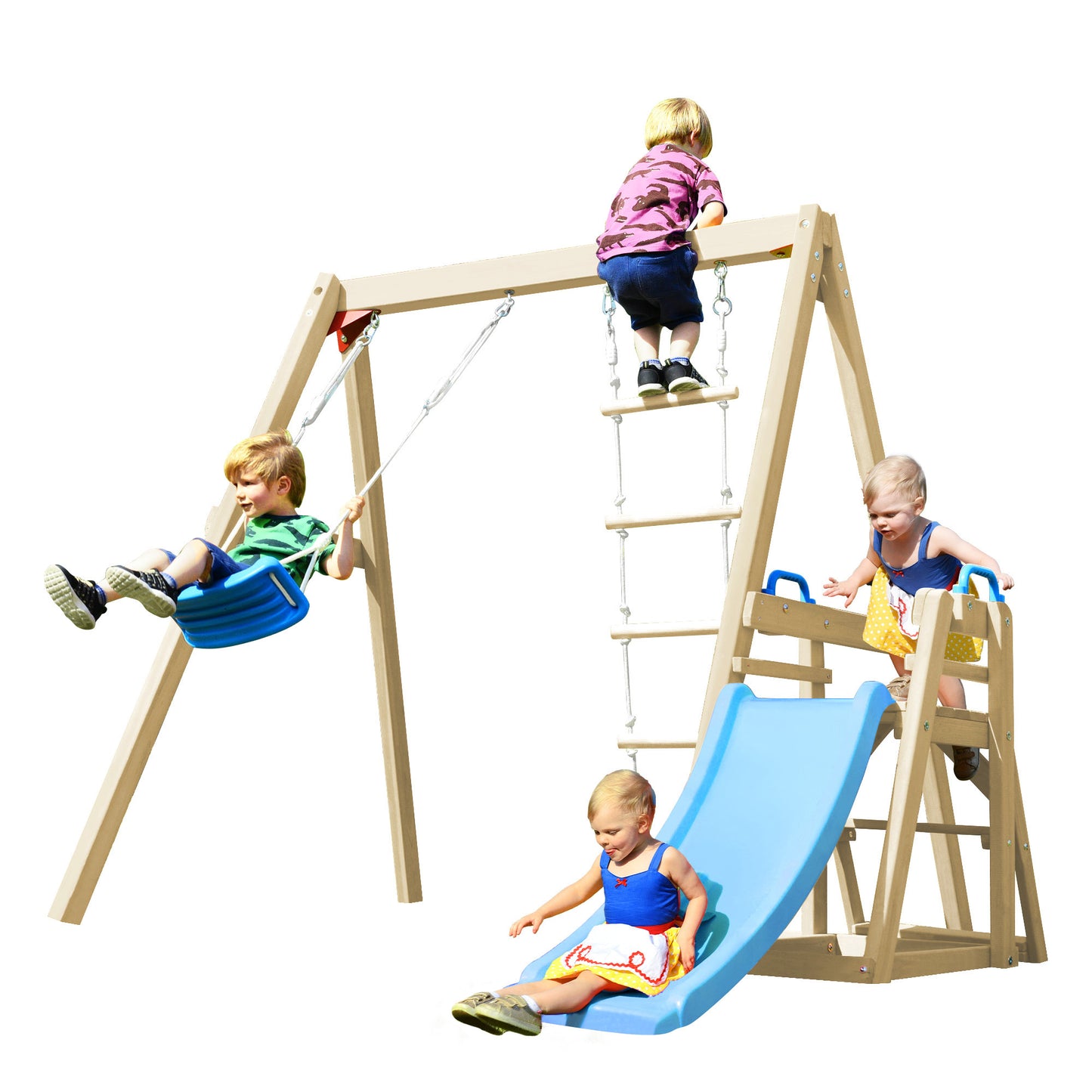 Wooden Swing Set with Slide and Climbing Rope Ladder for Toddler and Kids