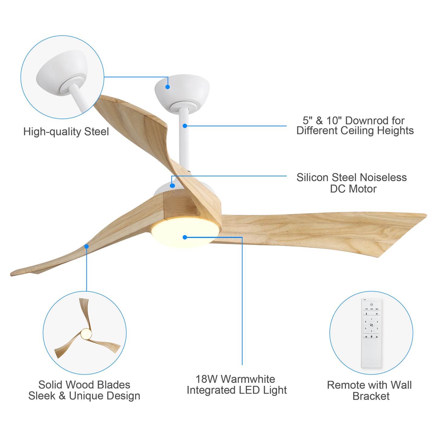 52 Modern White Wood Ceiling Fan with 6-Speed Remote-controlled DC Motor & Energy-saving Features