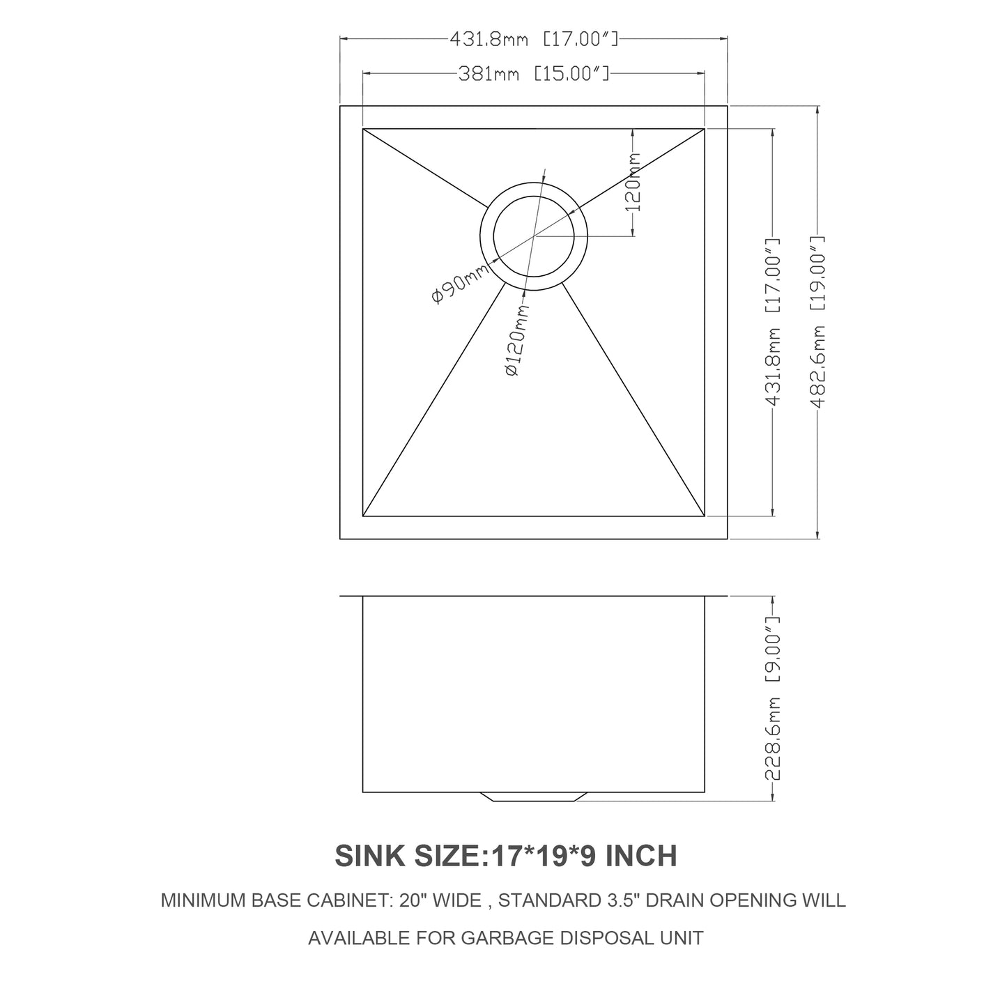 Undermount Stainless Steel Kitchen Sink - 17x19x9 Single Basin Sink 18 Gauge 9 Inch Deep