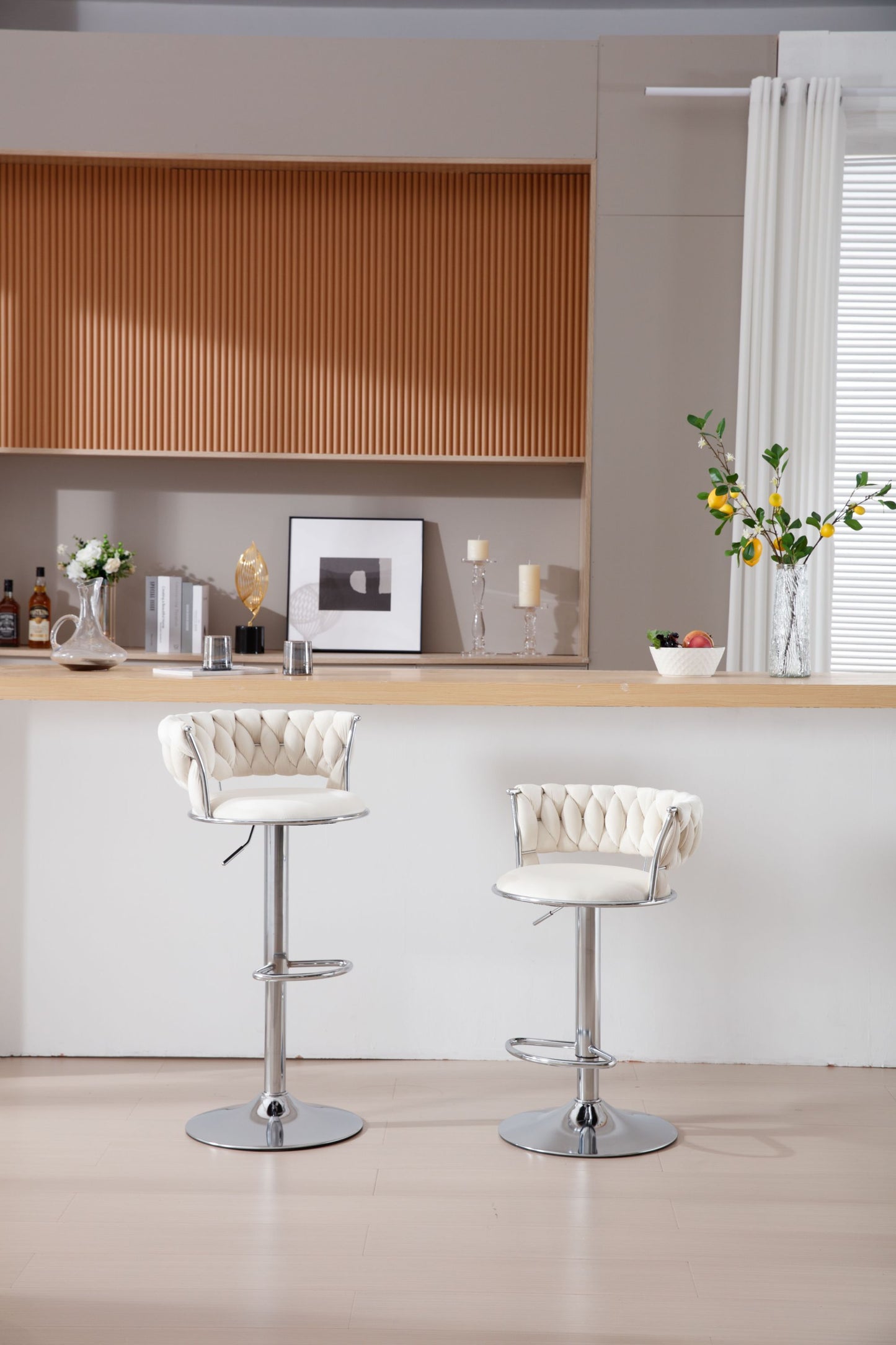 Set of 2  Bar Stools,with Chrome Footrest and Base Swivel Height Adjustable Mechanical Lifting Velvet + Bar Stool-BEIGE