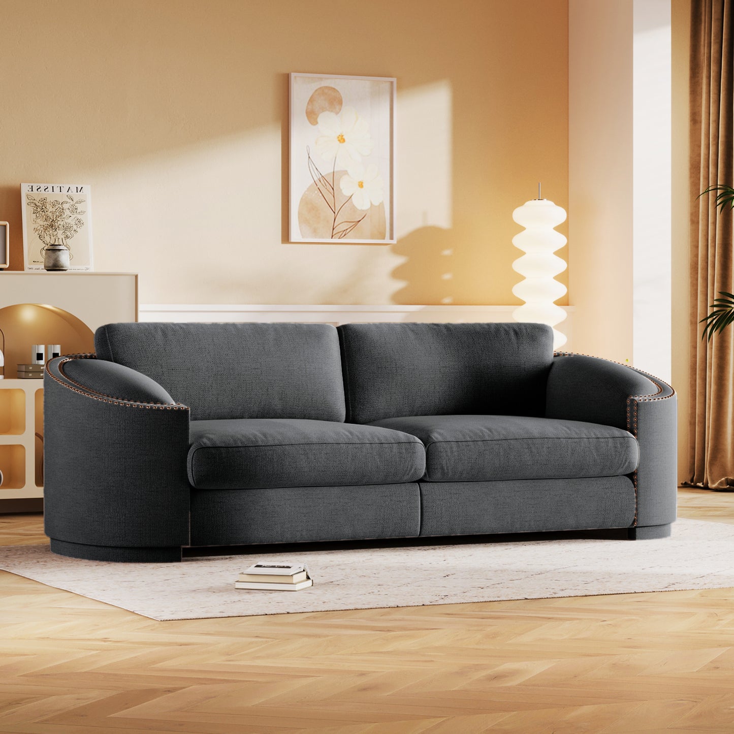 U_Style Stylish Sofa with Semilunar Arm, Rivet Detailing, and Solid Frame for Living Room