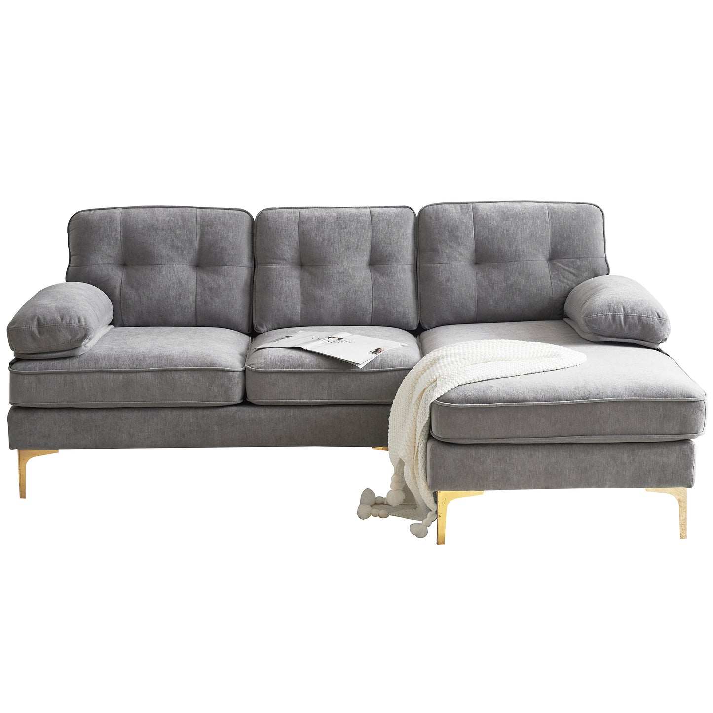 Modern Velvet L-Shaped Sectional Sofa in Light Grey