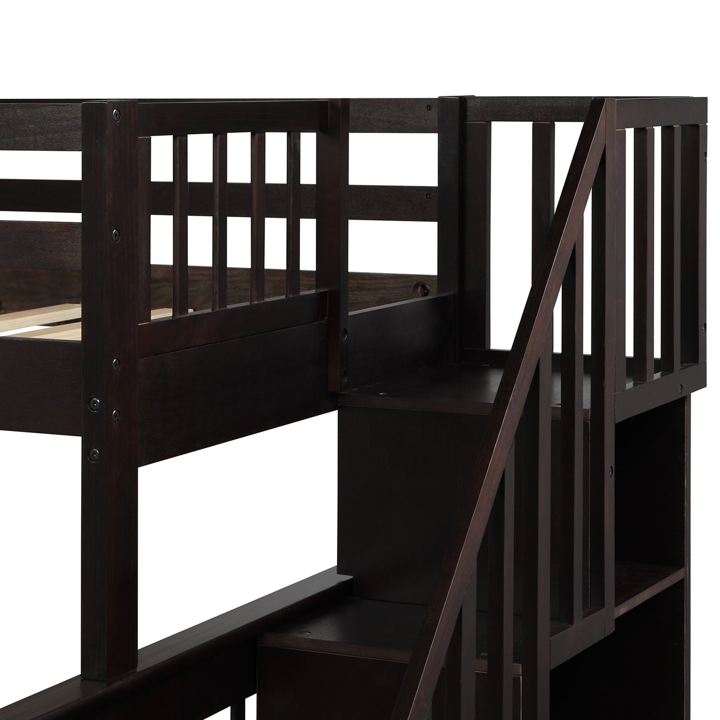 Stairway Bunk Bed with Storage, Trundle, and Guard Rail in Espresso Finish for Adults