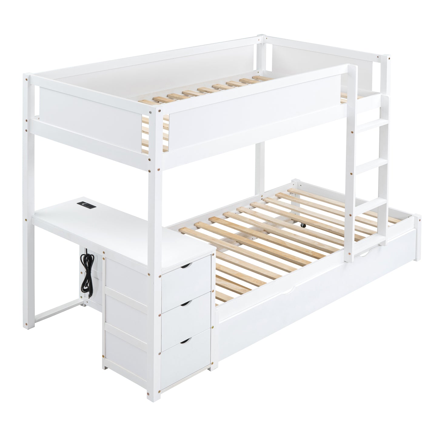 Twin Loft Bed with Trundle, Storage, Desk, and USB Outlets, White