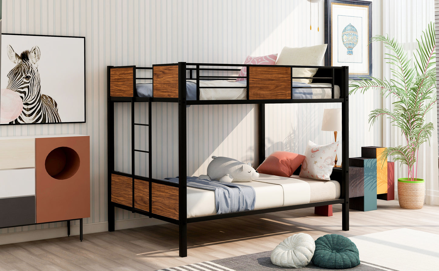 Contemporary Double-over-Double Steel Frame Bunk Bed with Safety Rail & Built-In Ladder