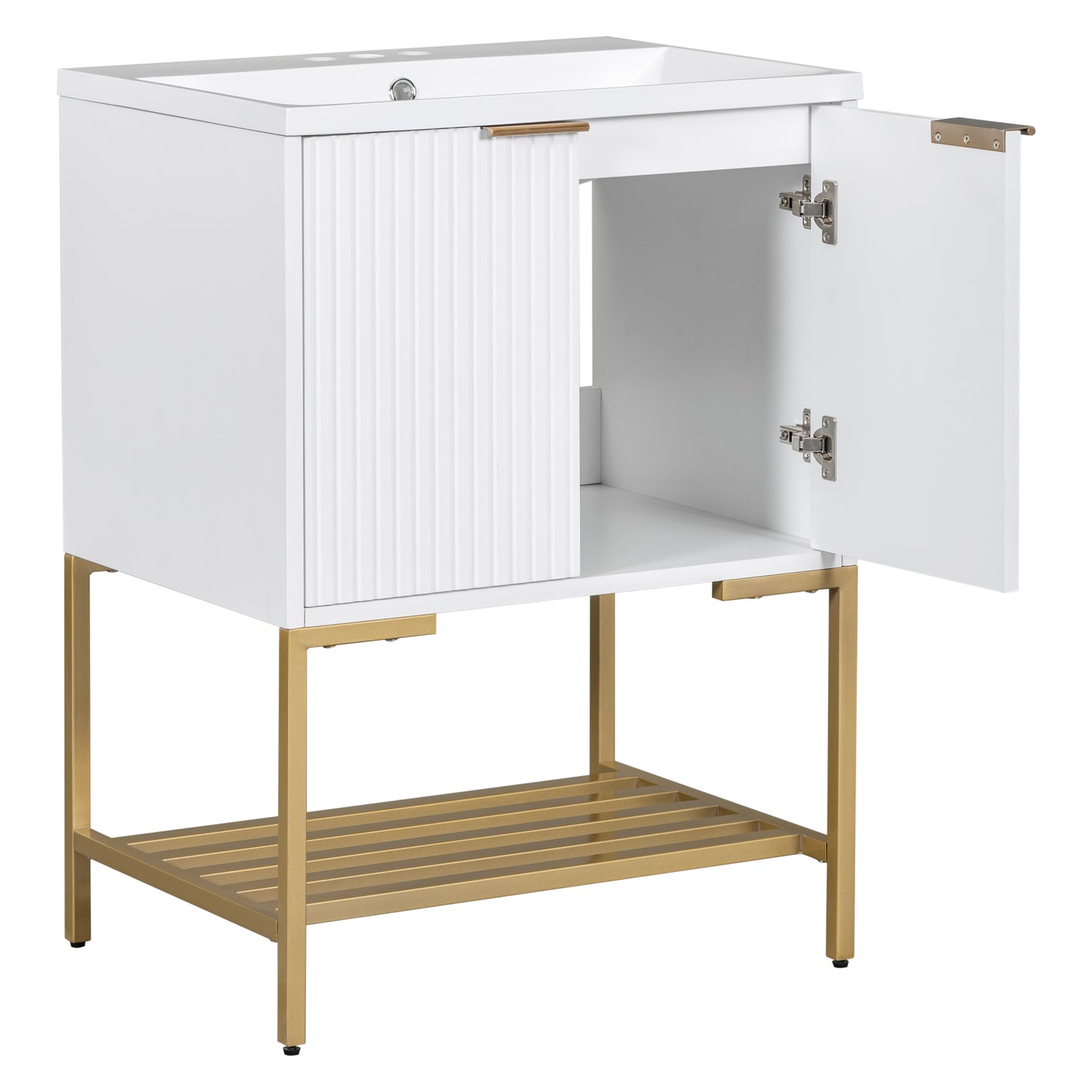 24" Bathroom Vanity with Sink, Bathroom Vanity Cabinet with Two Doors and Gold Metal Frame, Open Storage Shelf, White