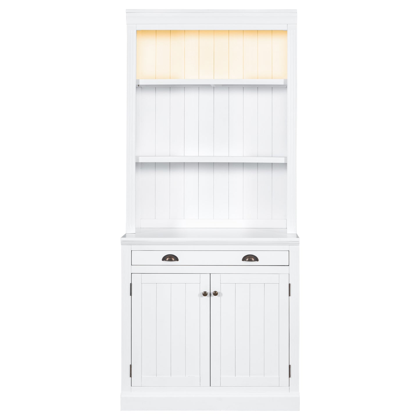 83.4 Tall 2-Piece White Bookshelf & Writing Desk Set with LED Lighting, Storage Drawers, and Doors