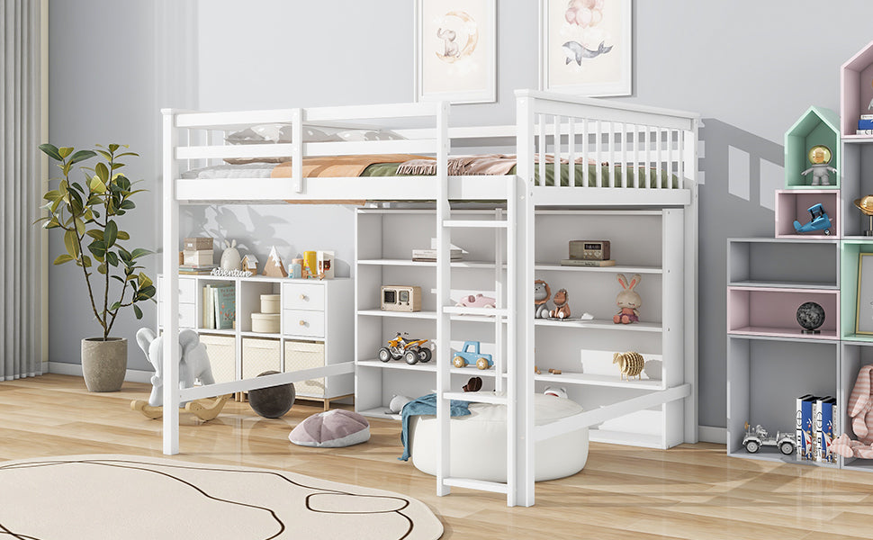 Full Size Loft Bed with 8 Open Storage Shelves and Built-in Ladder, White(Expected Arrival Time:1.5)