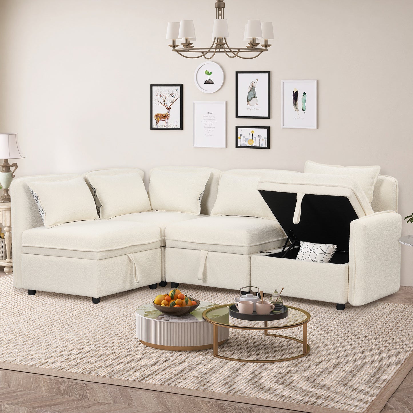 Convertible Modular Chenille Fabric Sectional Sofa with Built-in Storage and 5 Pillows