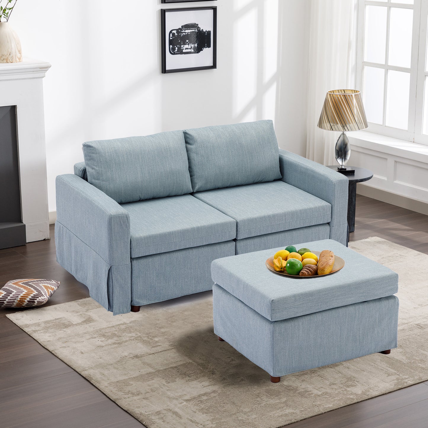 2-Seater Modular Sectional Sofa Set with Ottoman in Light Blue Linen