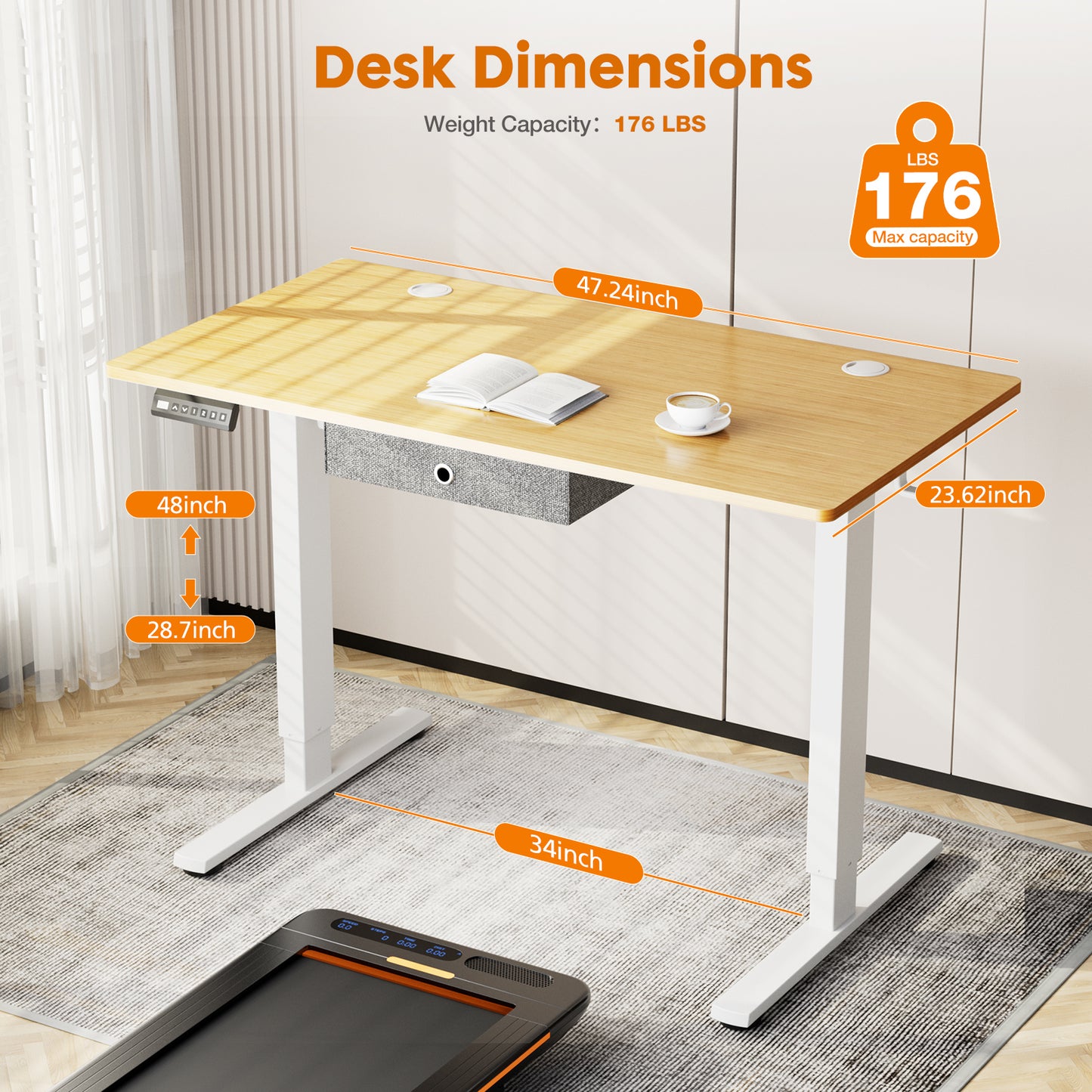 Electric Standing Desk with Drawer - Spacious 48 x 24 Inches Natural Height Adjustable