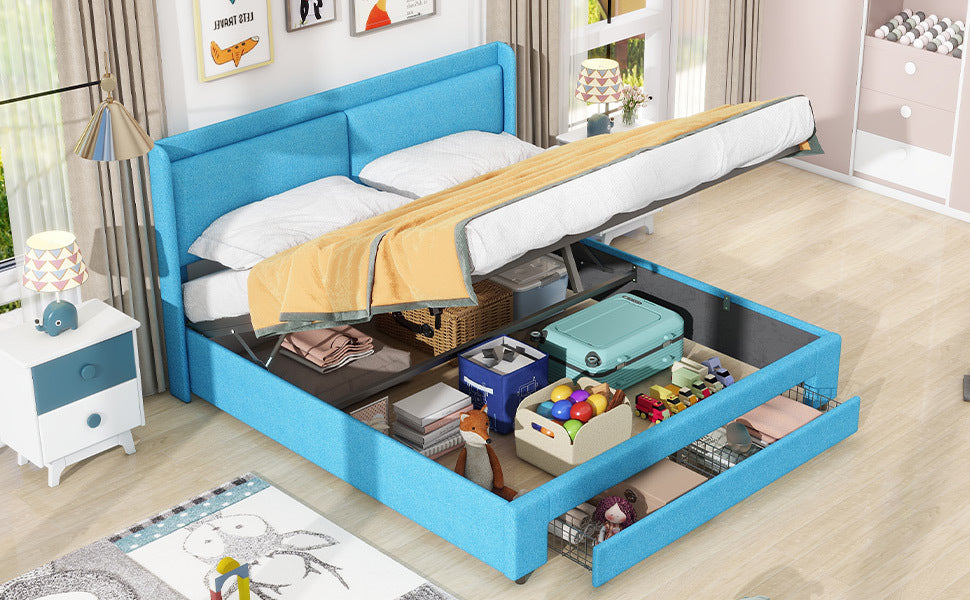 Queen Size Storage Upholstered Hydraulic Platform Bed with 2 Drawers, Blue