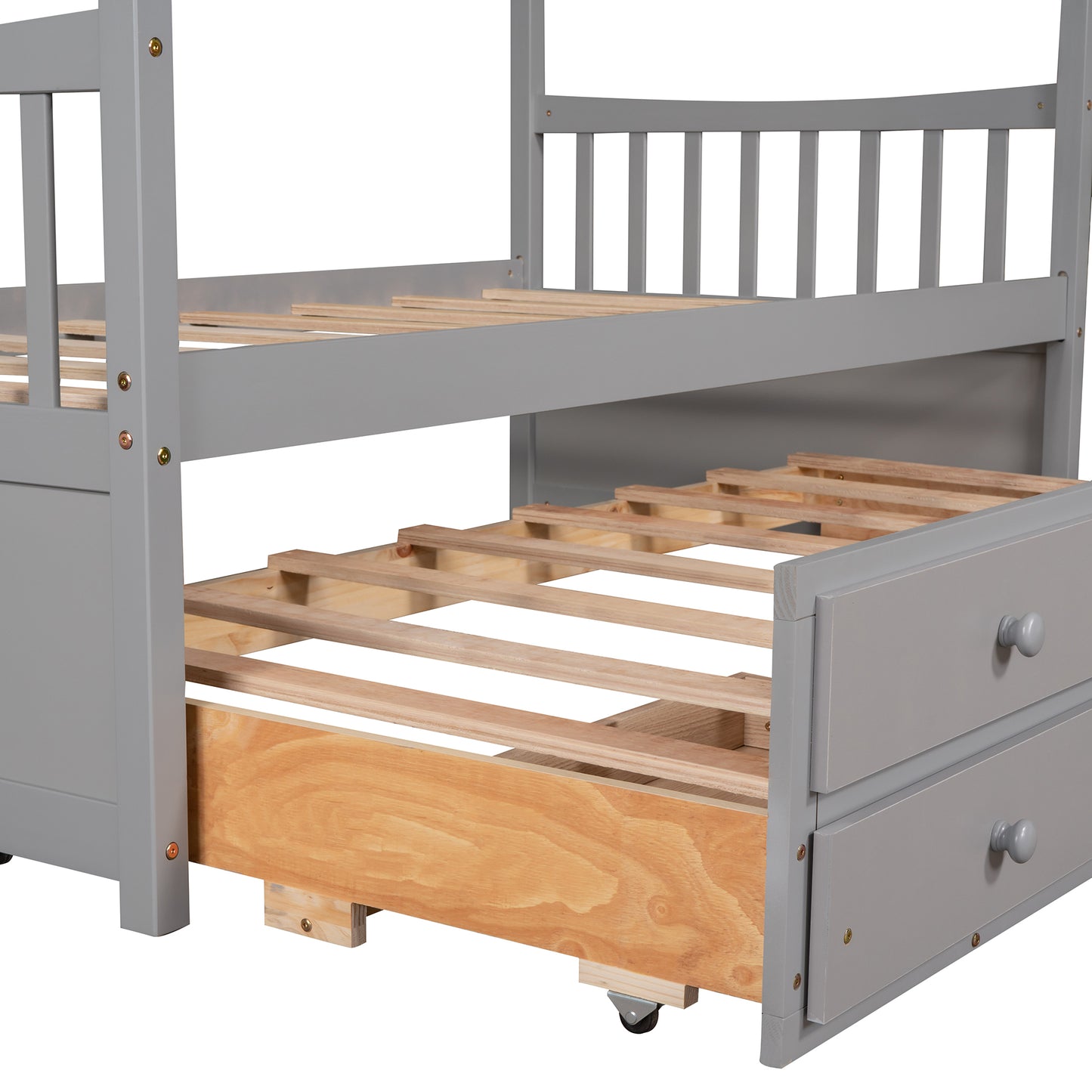 Twin size Wooden House Bed with Trundle and 3 Storage Drawers-Gray