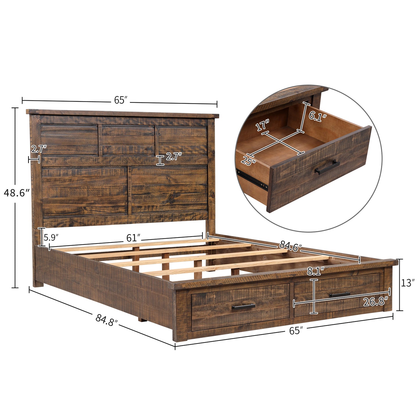 Rustic Reclaimed Solid Wood Framhouse Storage Queen Panel Bed