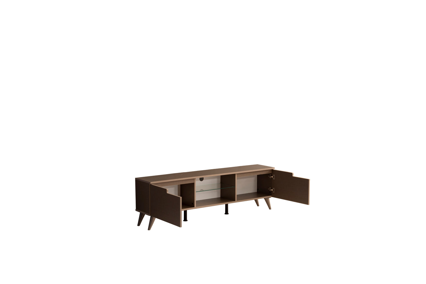 Denver Mid Century Modern TV Stand with 2 Door Cabinets and Glass Shelf - Rich Brown Finish, 66-inch