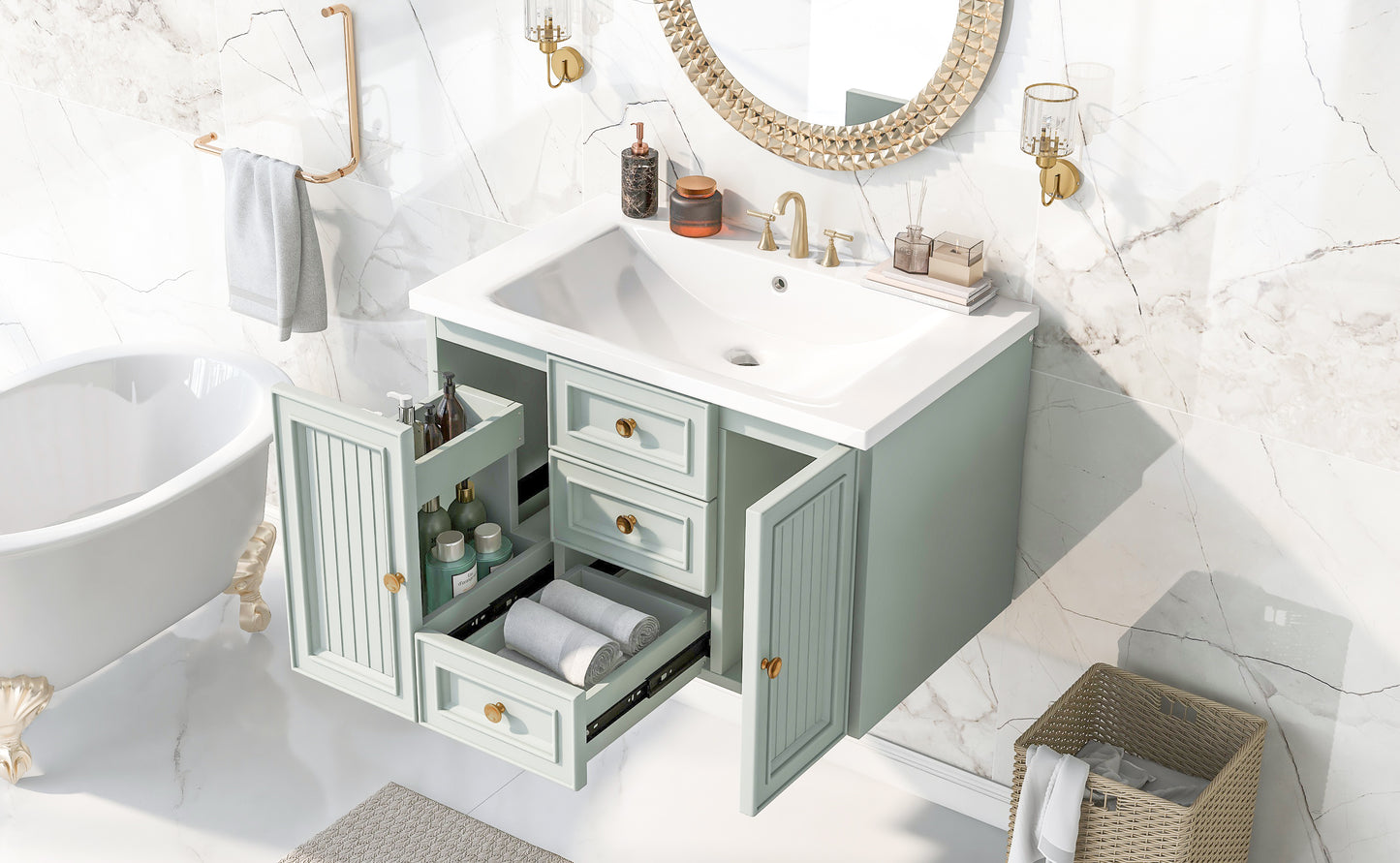 30" Wall Mounted Bathroom Vanity with Sink Combo, Functional Drawer, Solid Wood & MDF Board & Ceramic, Green