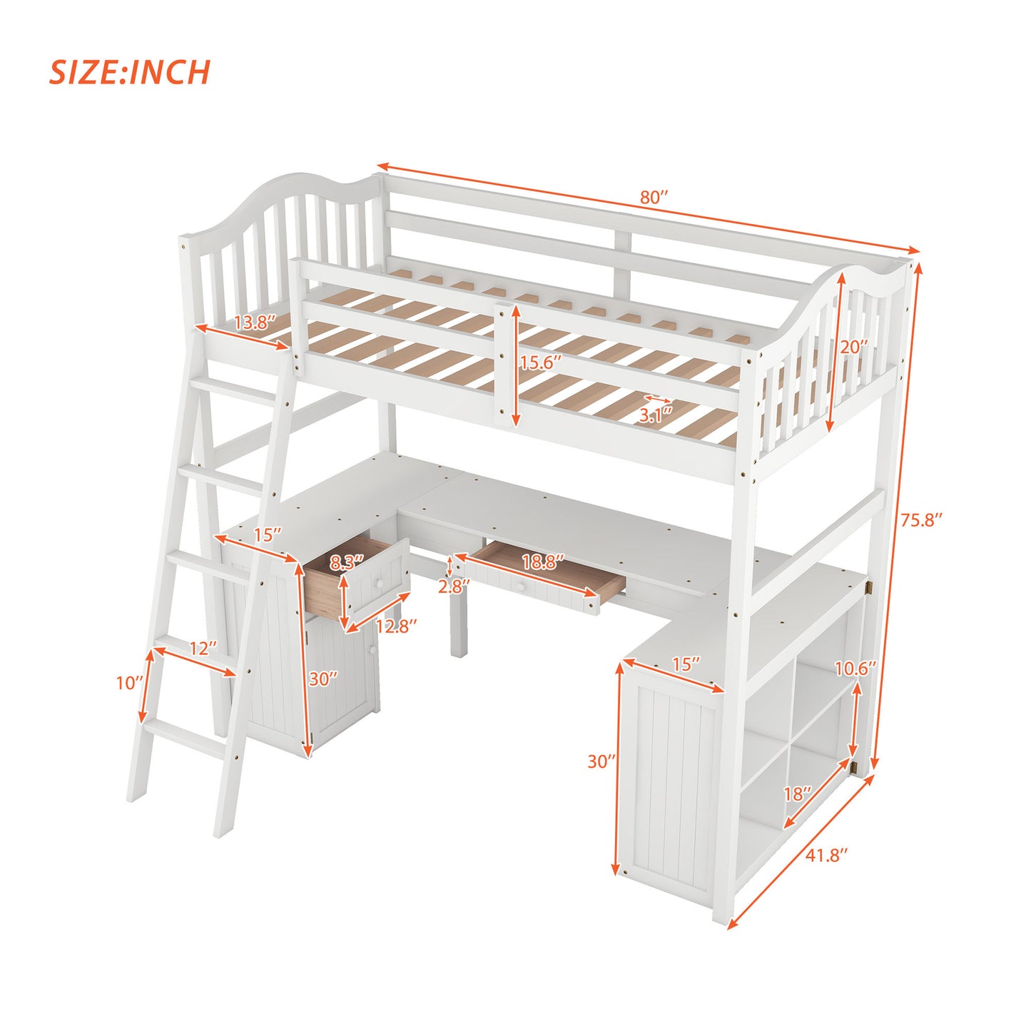 Twin size Loft Bed with Drawers, Cabinet, Shelves and Desk, Wooden Loft Bed with Desk - White( :LT000505AAK)