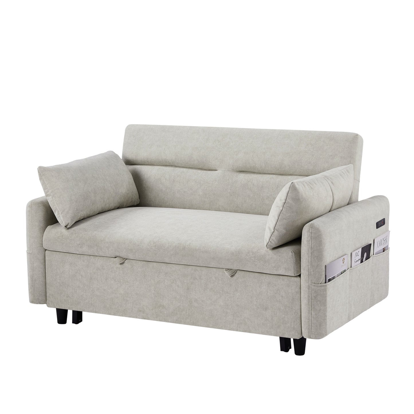 Adjustable Pull Out Sleep Sofa Bed Loveseat Couch with Storage Pockets, USB Ports, Beige