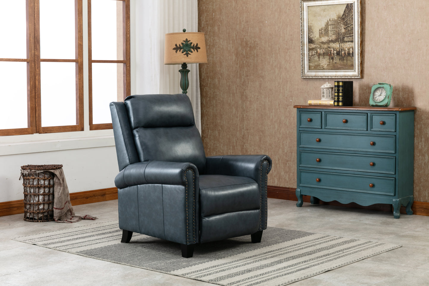 Luxurious Navy Genuine Leather Manual Recliner