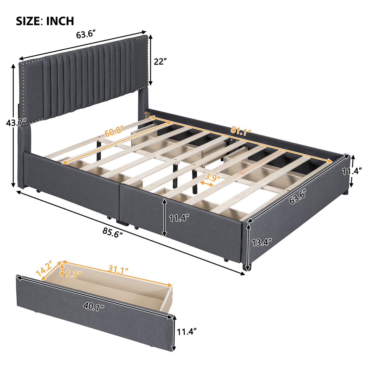 Queen Size Upholstered Platform Bed with Classic Headboard and 4 Drawers, Linen Fabric, Gray