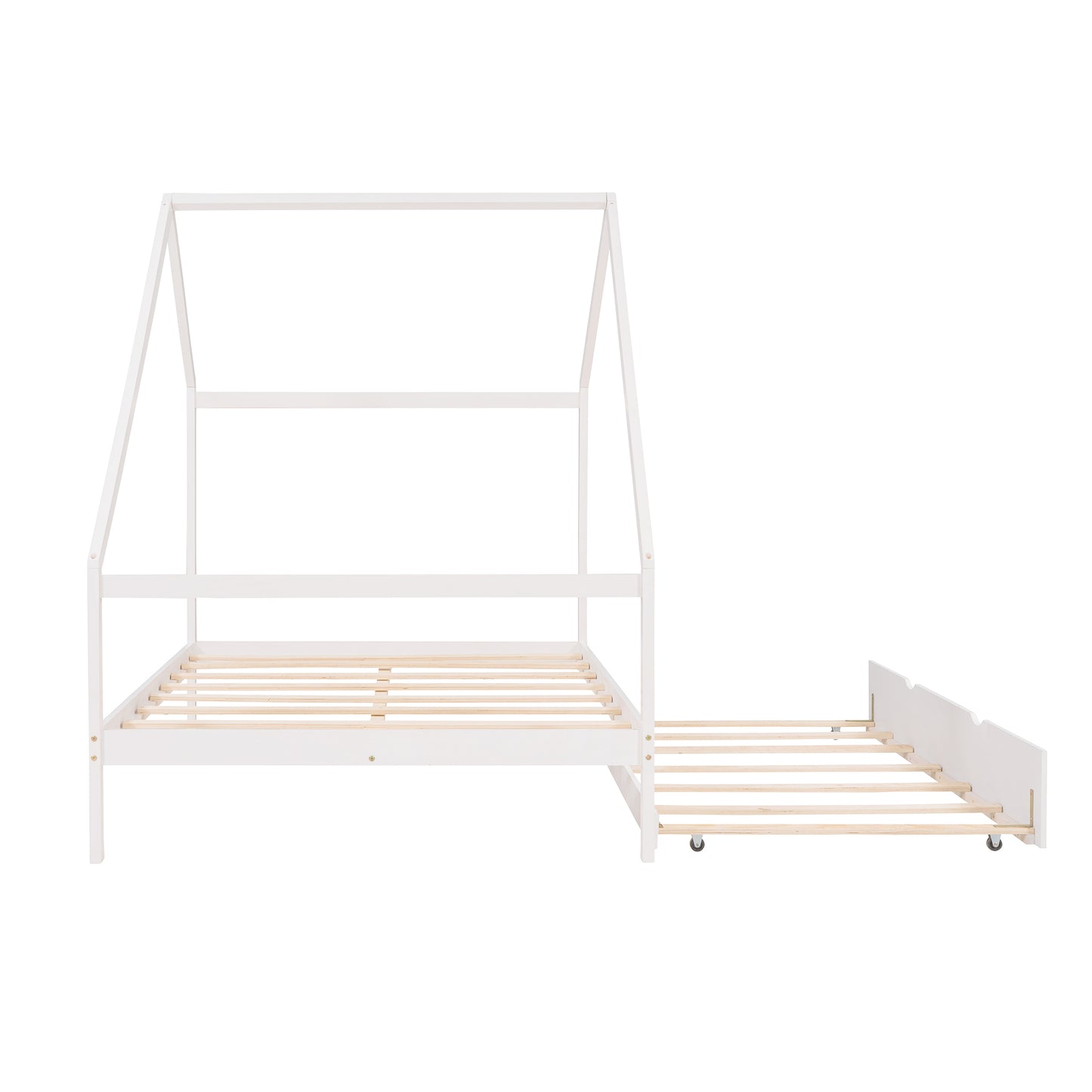 Full Size Wooden House Bed With Twin Size Trundle, White