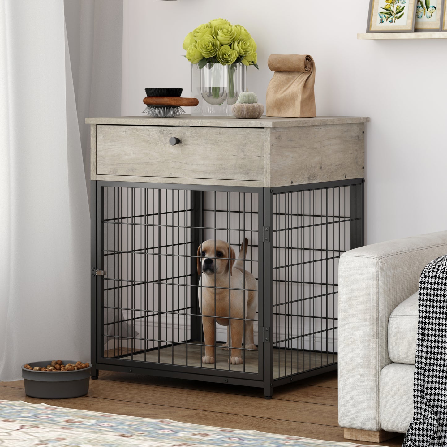 Furniture Style Wood Dog Crate End Table with Storage Console. Grey, 19.69'' W x 22.83'' D x 26.97'' H.