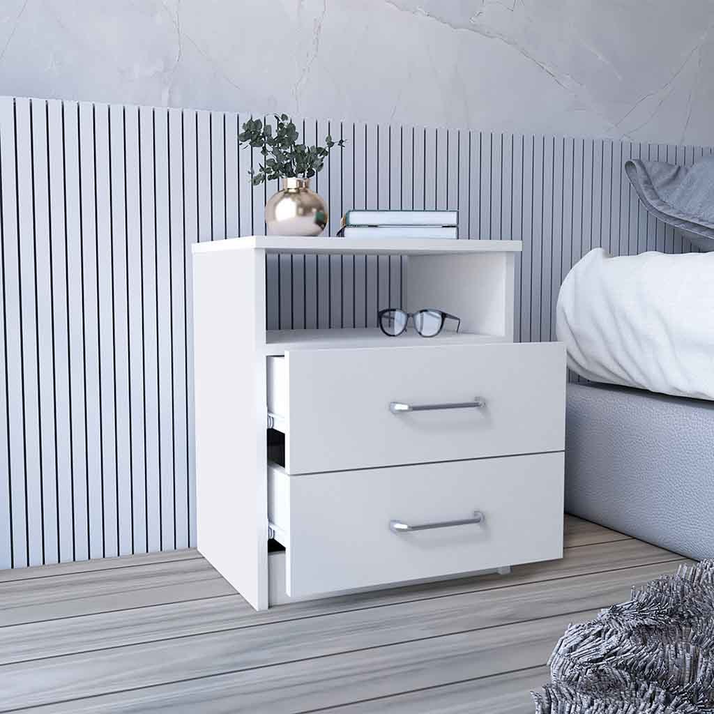 Nightstand Olienza, Two Drawers, One Shelf, White Finish