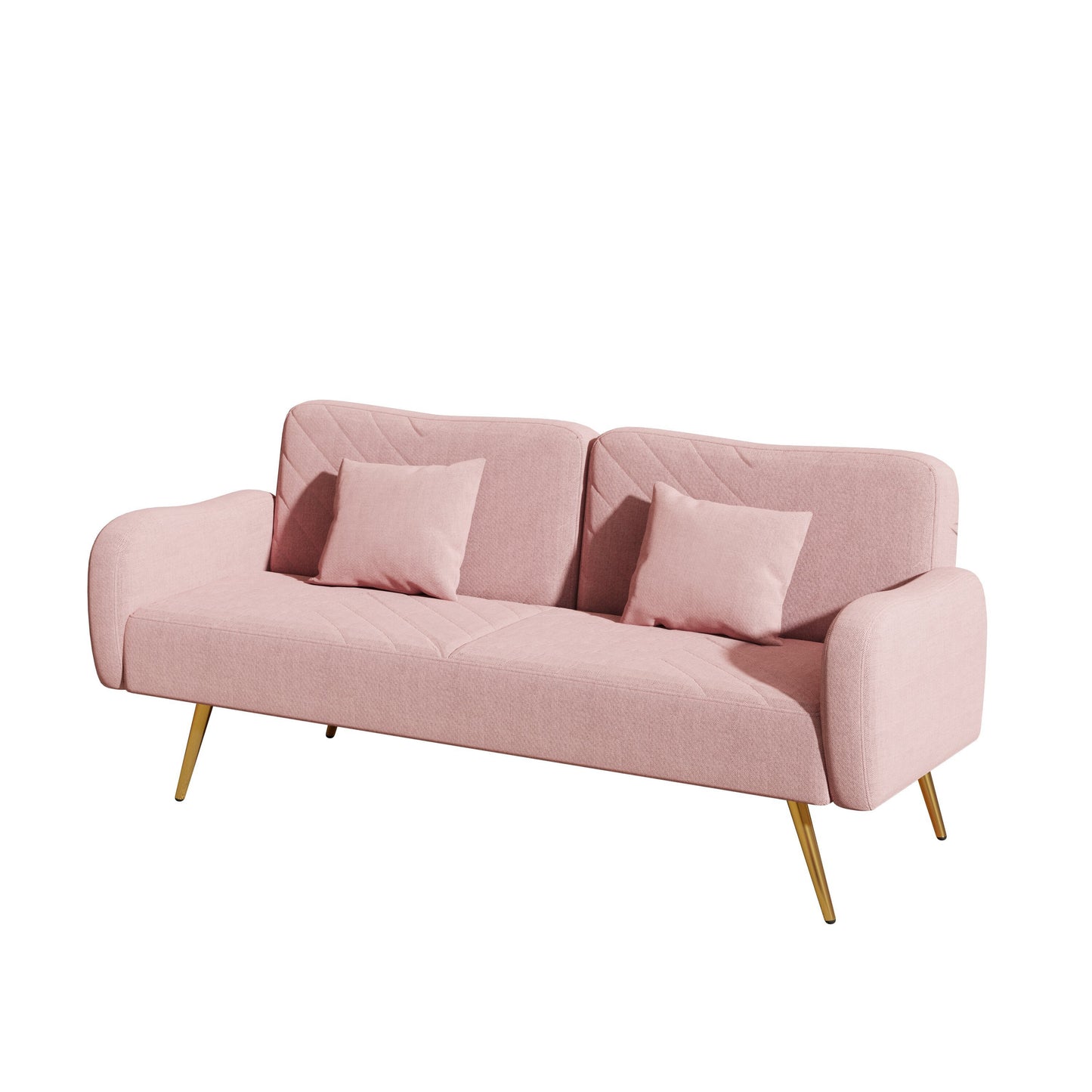 Pink Fabric Double Sofa with Adjustable Split Backrest and Two Throw Pillows