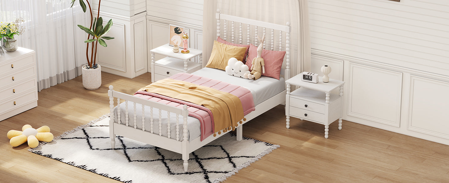 Twin Size Wood Platform Bed with Gourd Shaped Headboard and Footboard, White