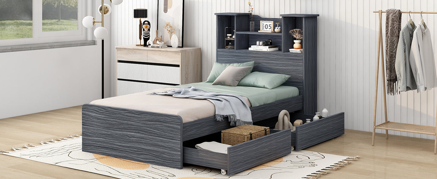 Twin Size Storage Platform Bed Frame with 4 Open Storage Shelves and 2 Storage Drawers,LED Light,Gray