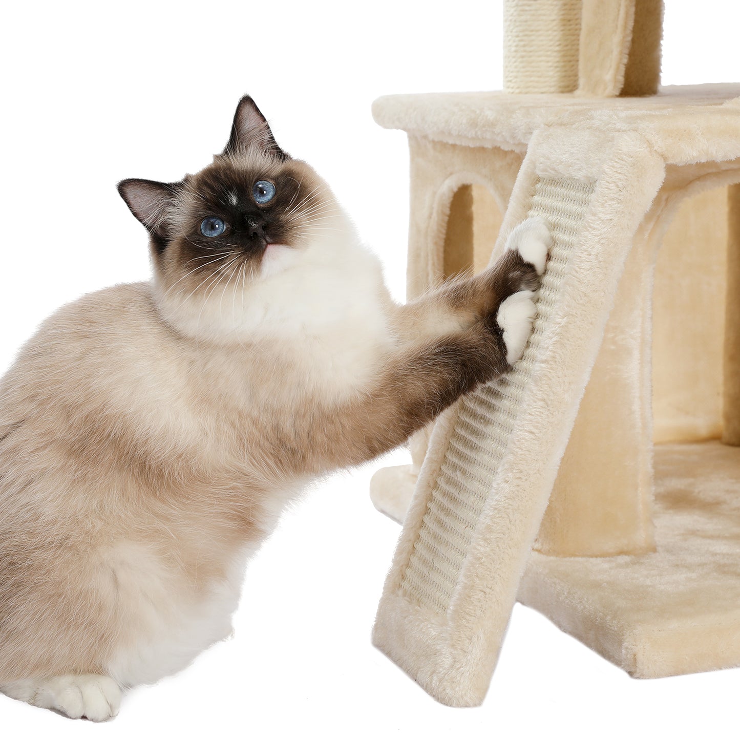 Cat Tree Luxury 34 Inches Cat Tower with Double Condos, Spacious Perch, Fully Wrapped Scratching Sisal Posts and Replaceable Dangling Balls Beige