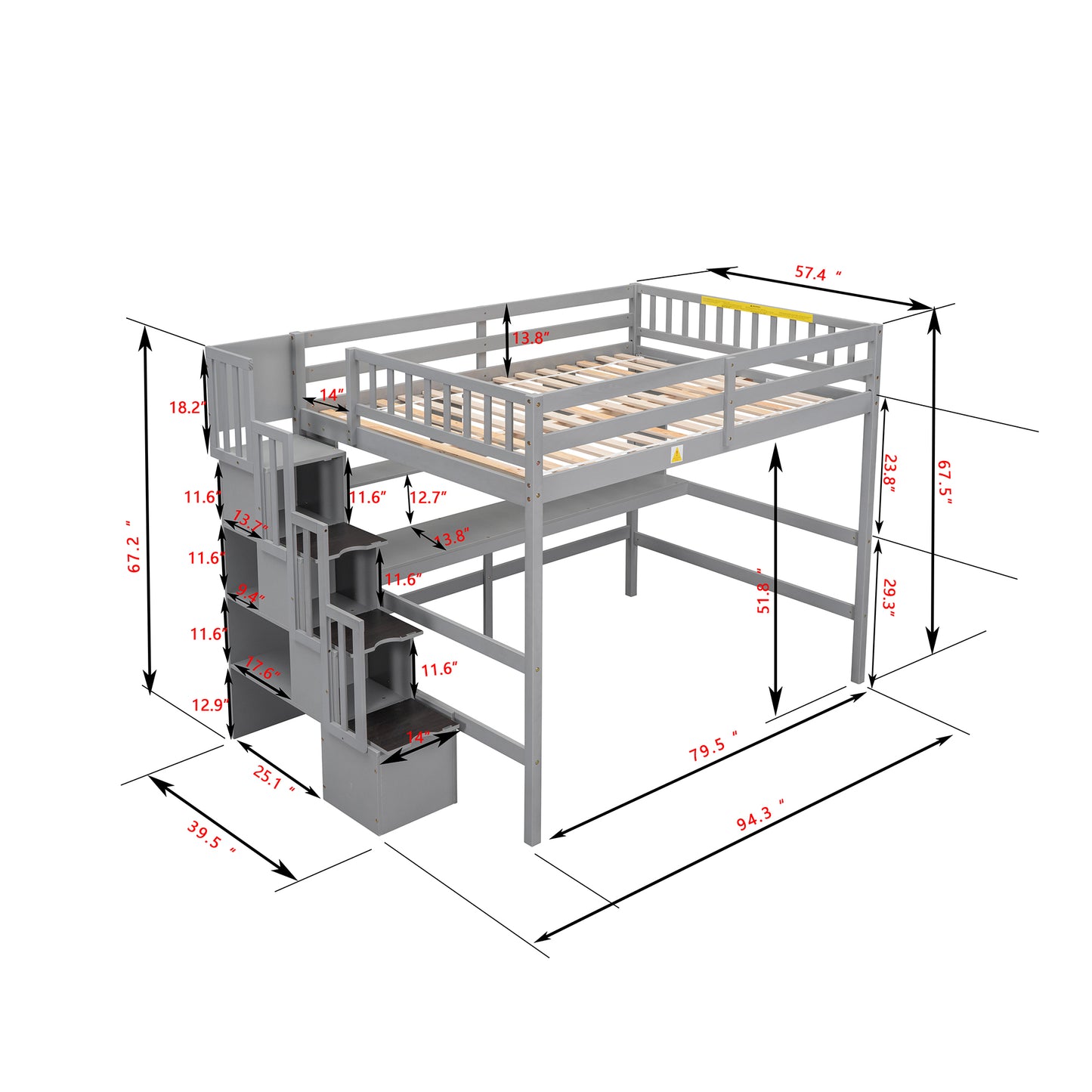 Full Size Loft Bed with Desk, Storage shelves and Staircase,Grey