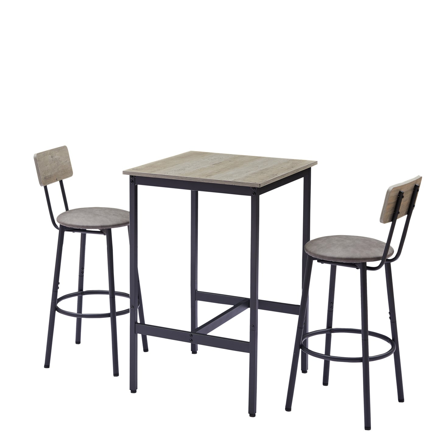 Bar Table Set with 2 Bar stools PU Soft seat with backrest, Grey, 23.62'' W x 23.62'' D x 35.43'' H