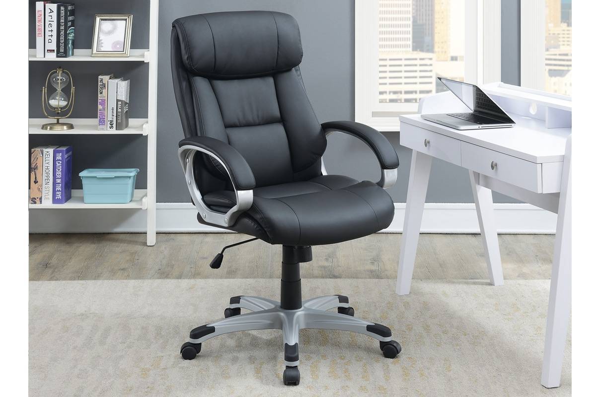 Classic 1pc Office Chair Black Color Cushioned Headrest Adjustable Work Silver Armrest