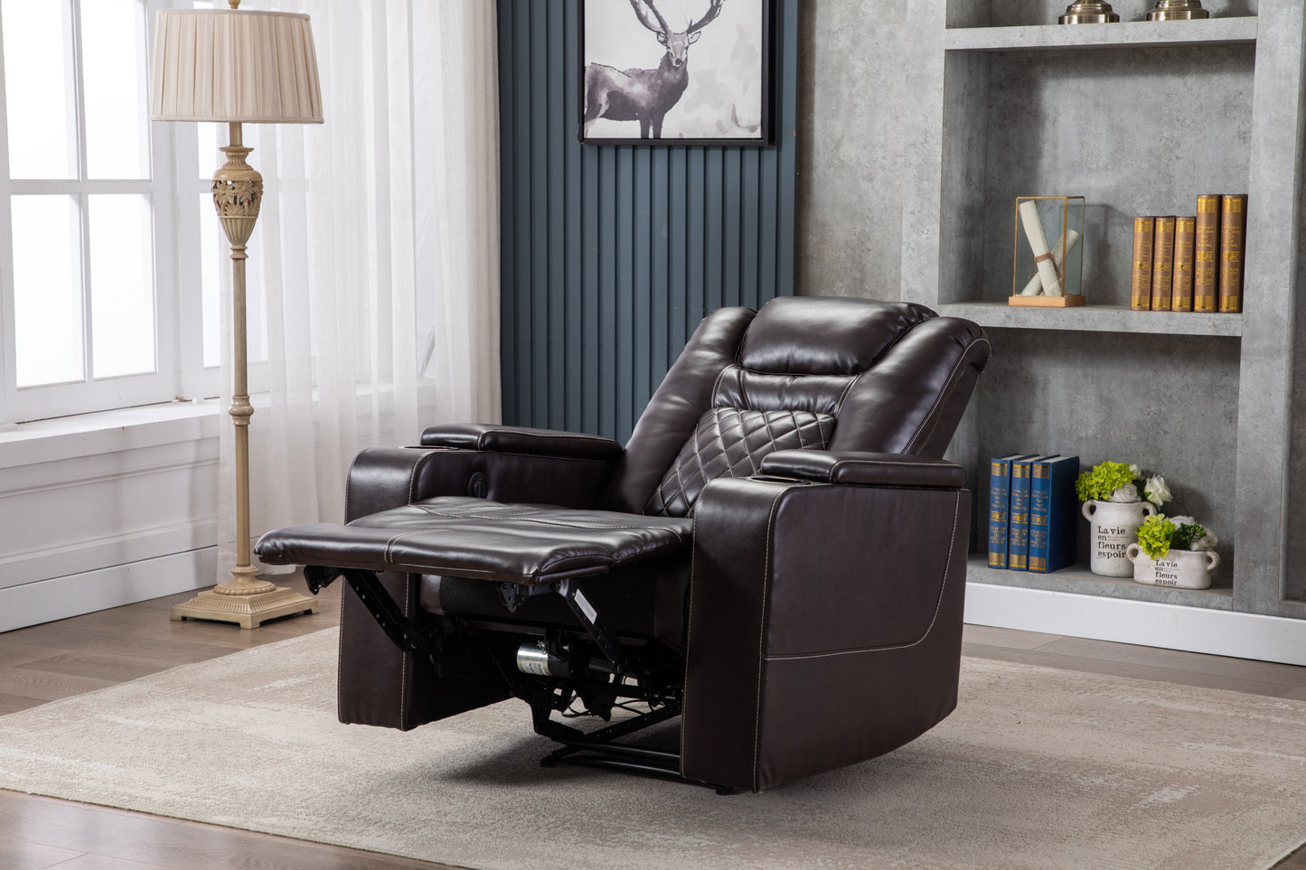 Luxurious PU Recliner with Built-In Cup Holders, Storage, and USB Port