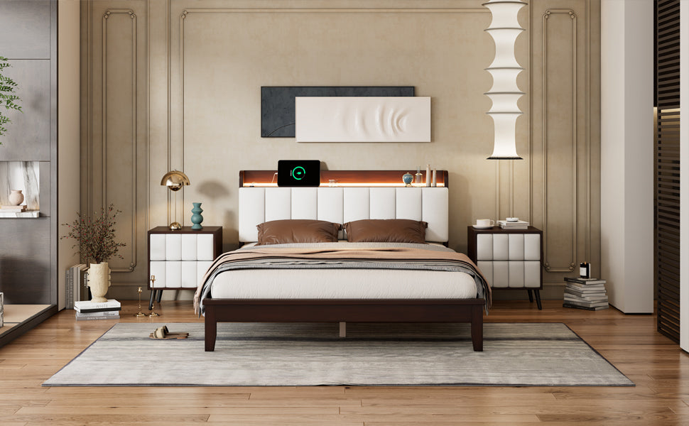 Queen size Platform Bed with USB Charging Station and Storage Upholstered Headboard,LED Bed Frame,No Box Spring Needed,Walnut+Beige