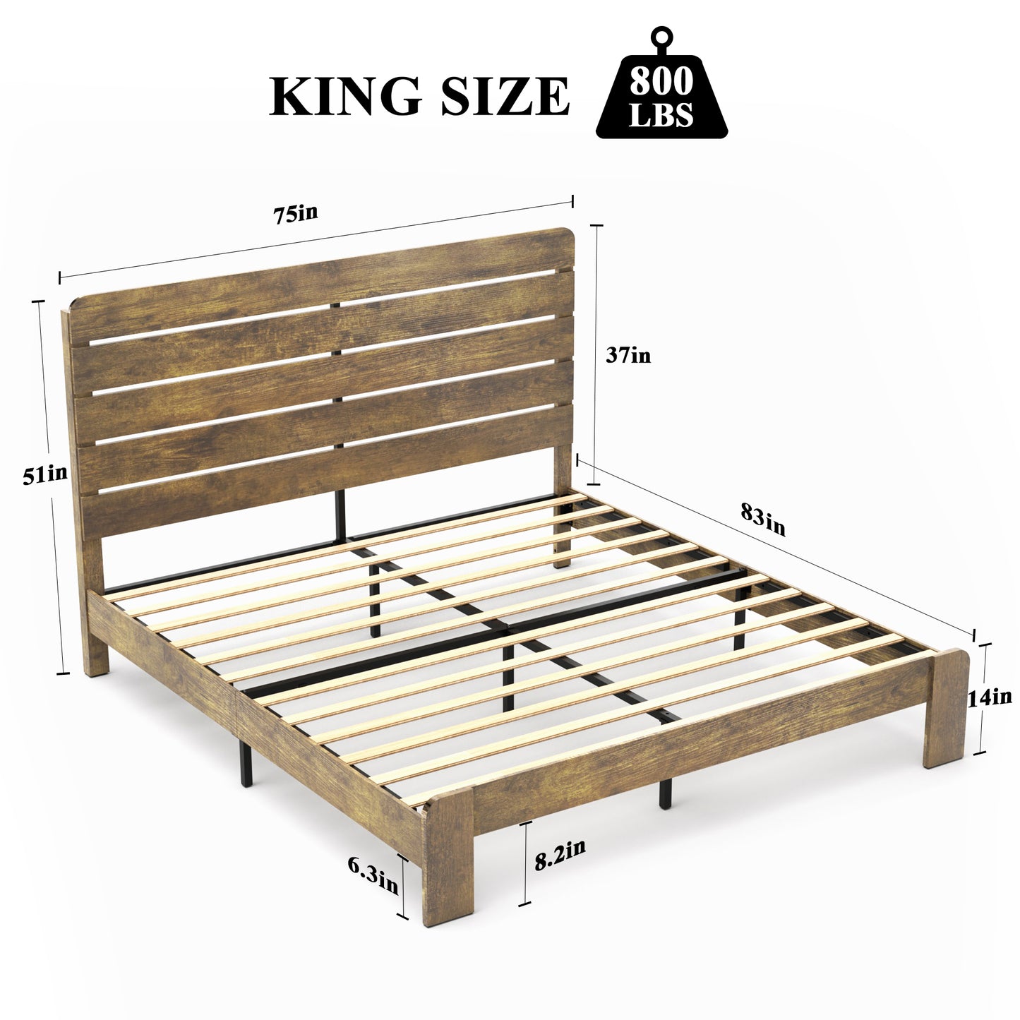 Bed Frame King Size, Wood Platform Bed Frame  , Noise Free,No Box Spring Needed and Easy Assembly Tool,Large Under Bed Storage,Dark Brown