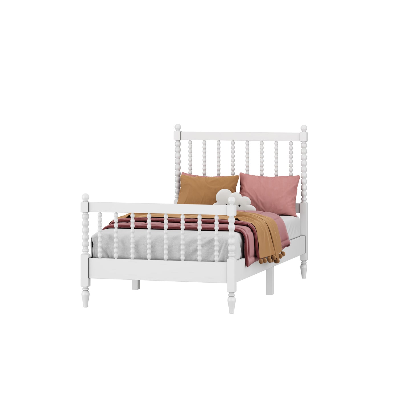 Twin Size Wood Platform Bed with Gourd Shaped Headboard and Footboard, White