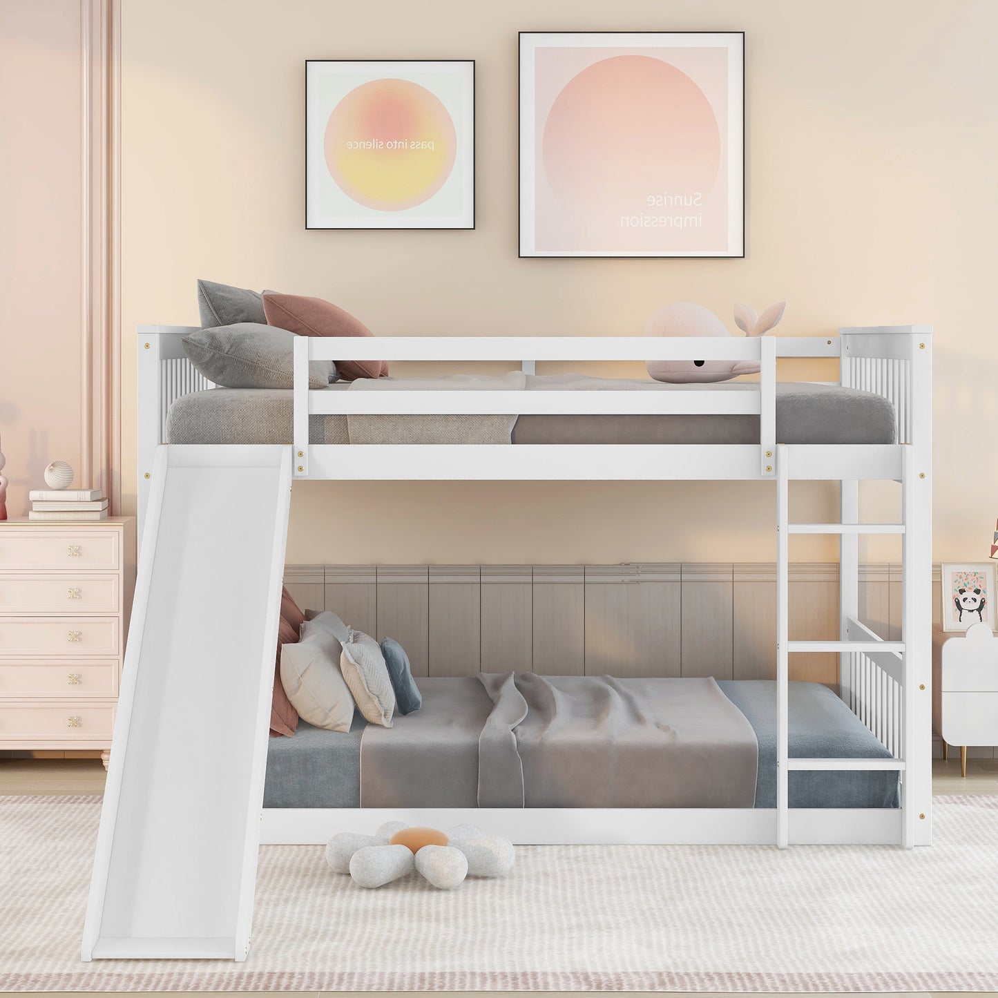 Full over Full White Bunk Bed with Slide and Ladder