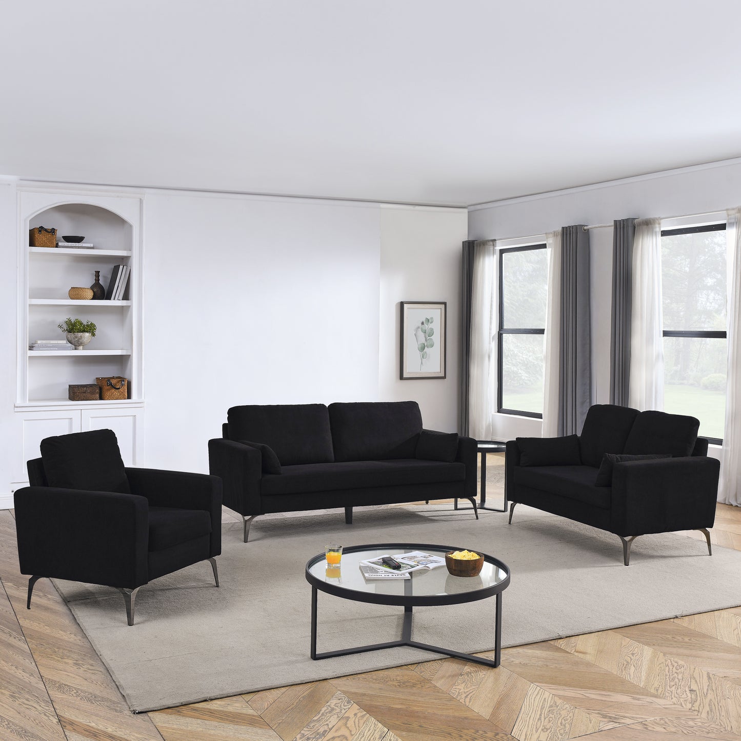 3-Piece Corduroy Black Living Room Sofa Set with Loveseat and Chair