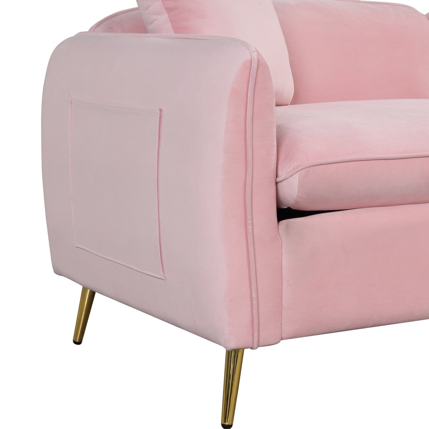 Velvet Upholstered Sofa with Armrest Pockets and 2 Pillows, Pink, 3-Seat