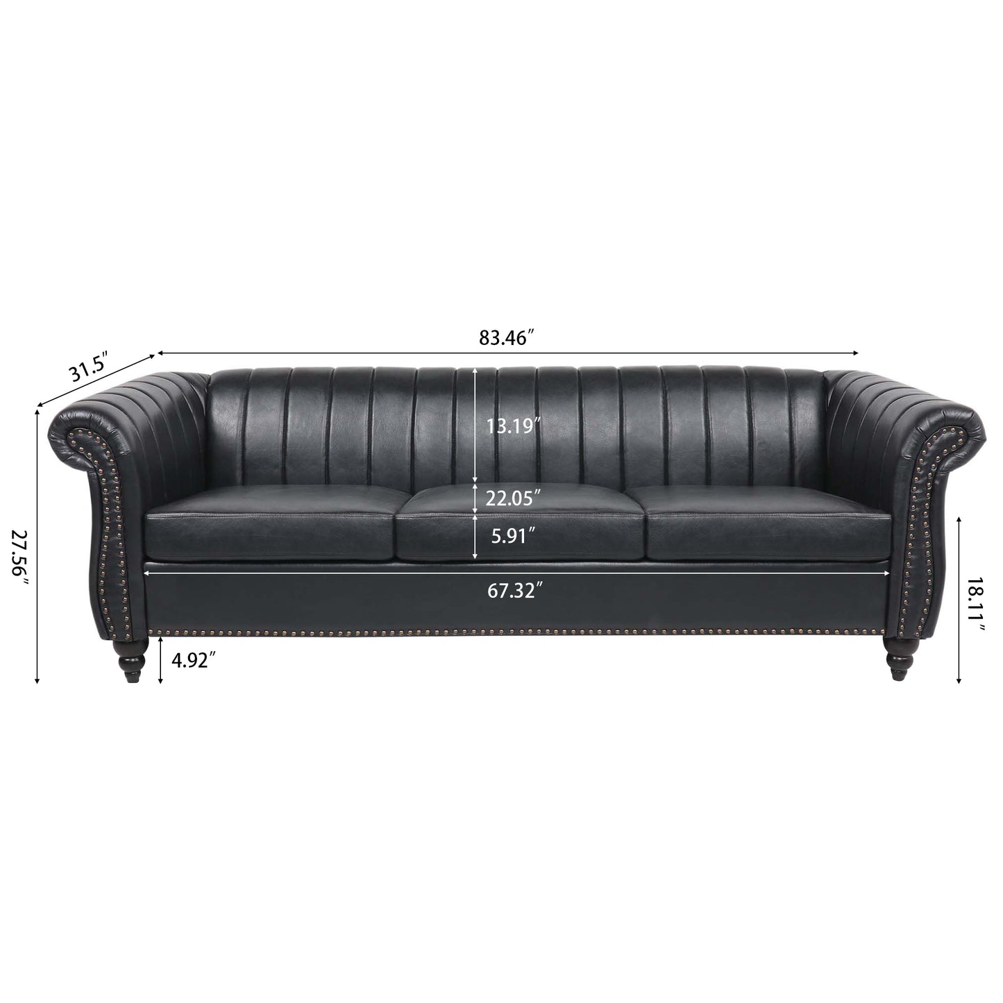 Elegant Black PU Rolled Arm Chesterfield Three-Seater Sofa, 83.46