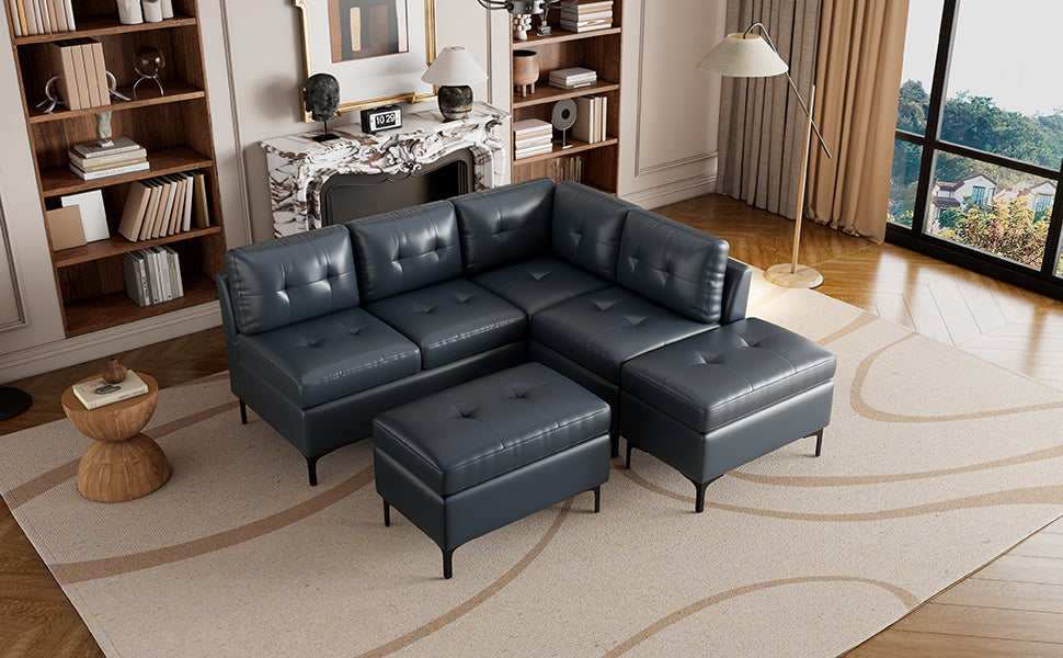 Blue L-Shaped Sectional Sofa Set with Movable Storage Ottomans