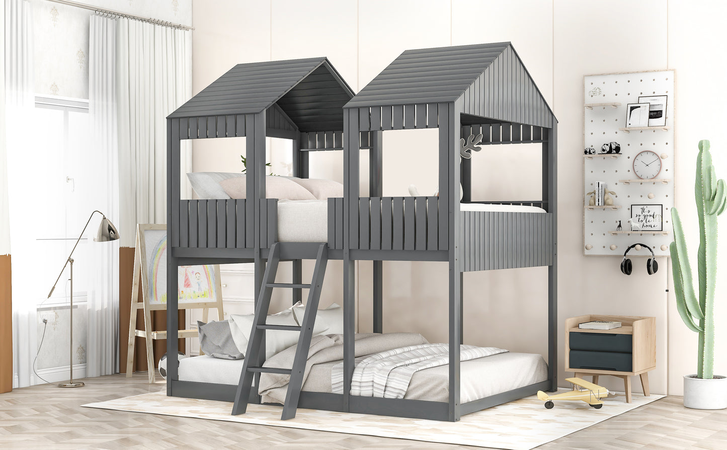 Wooden Playhouse-Styled Full Over Full Bunk Bed with Gray Roof and Window