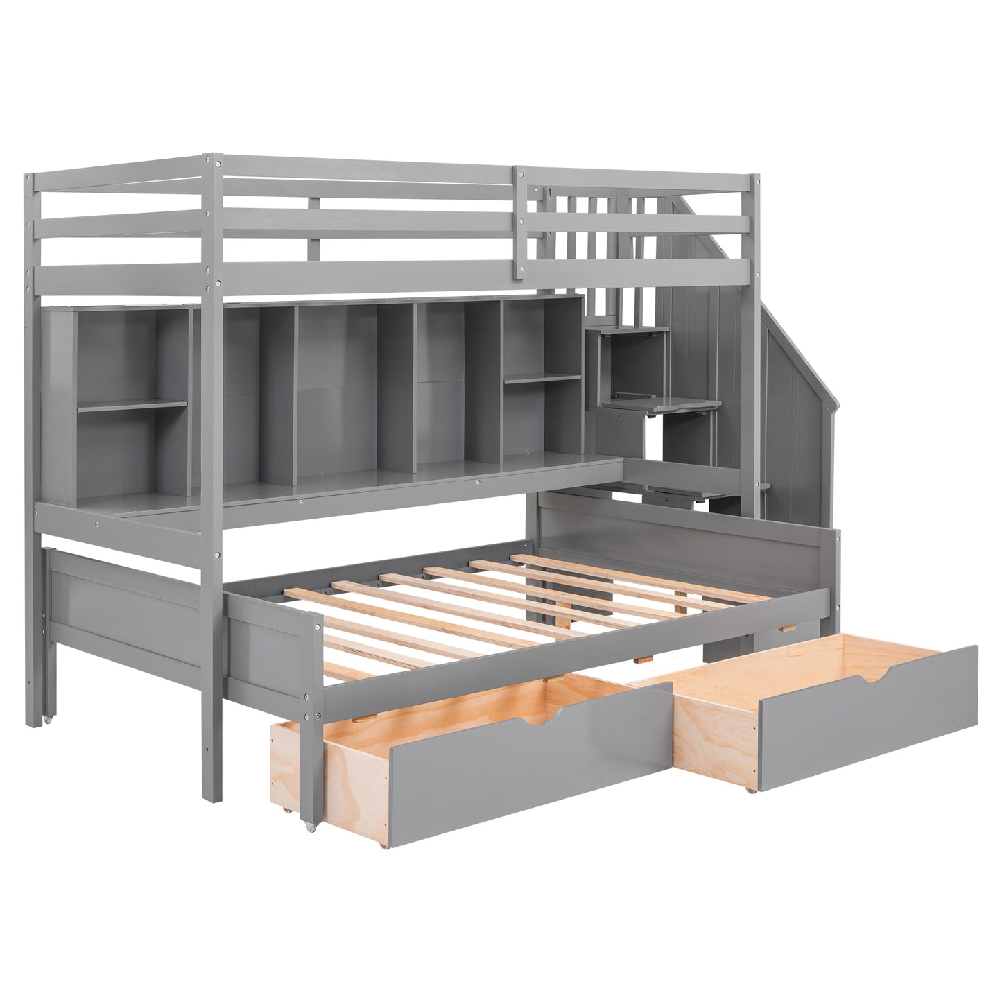 Gray Twin XL over Full Bunk Bed with Study Desk and Storage Solution