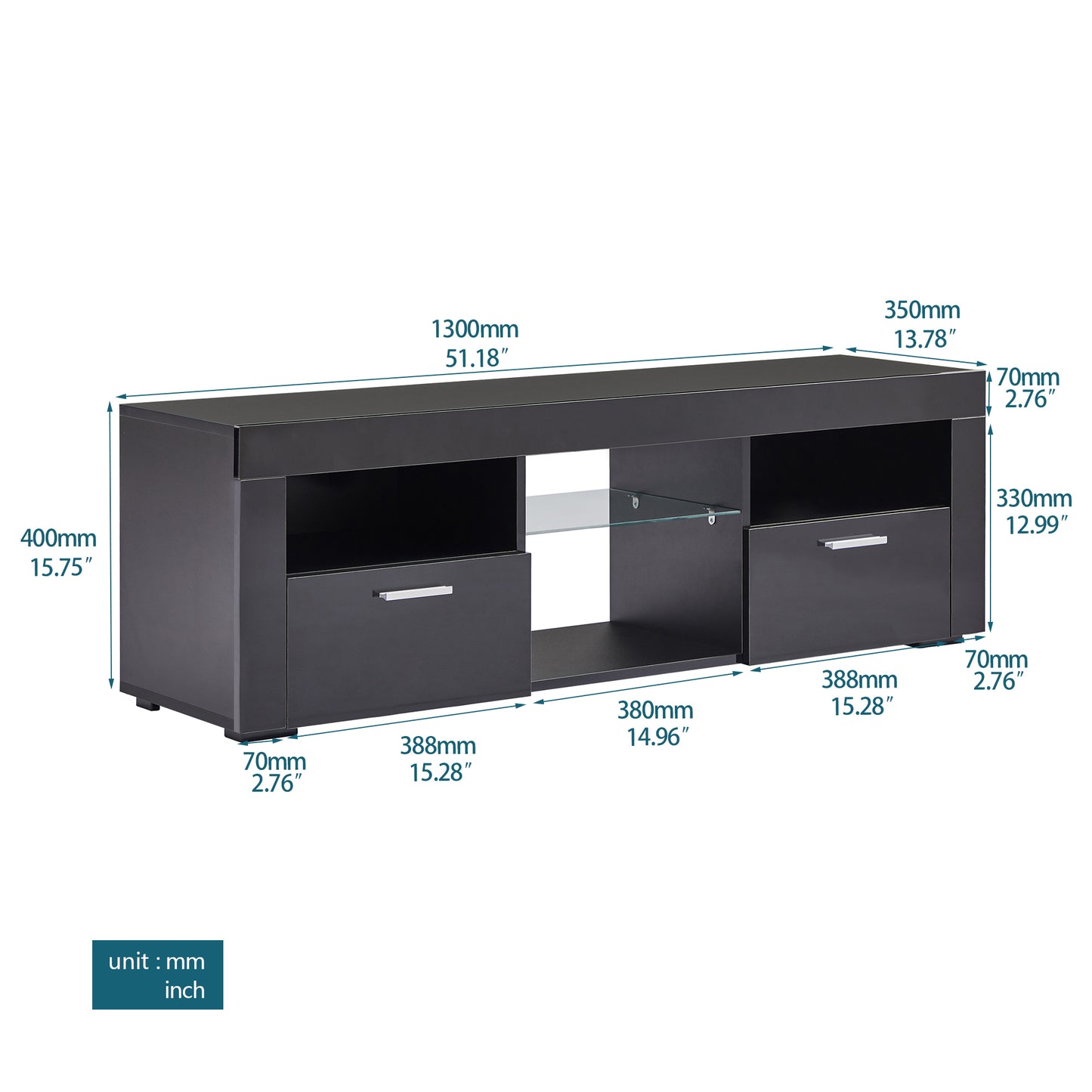 Modern Black TV Stand with LED Lights and High Gloss Front Cabinet - Versatile Assembly for Any Room - Black Color