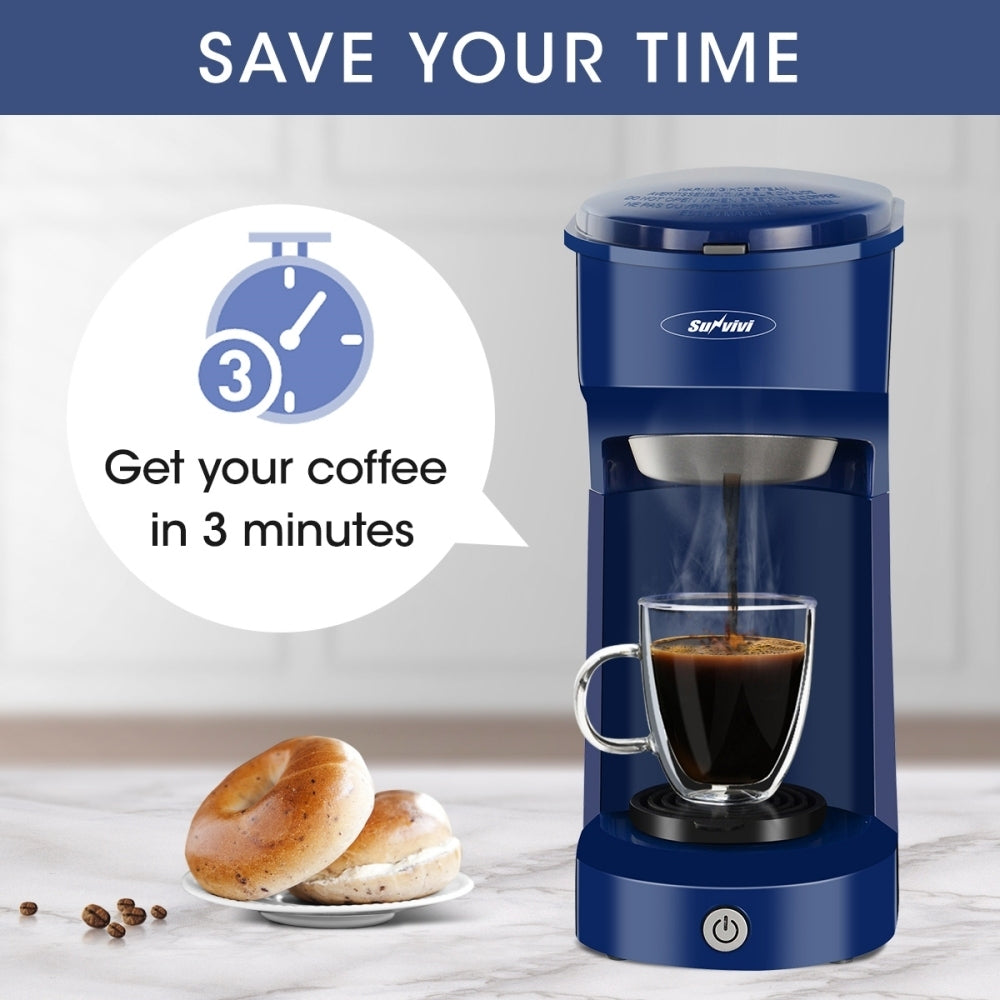 Blue Single Serve Coffee Maker with K Cup Pod and Ground Coffee Options