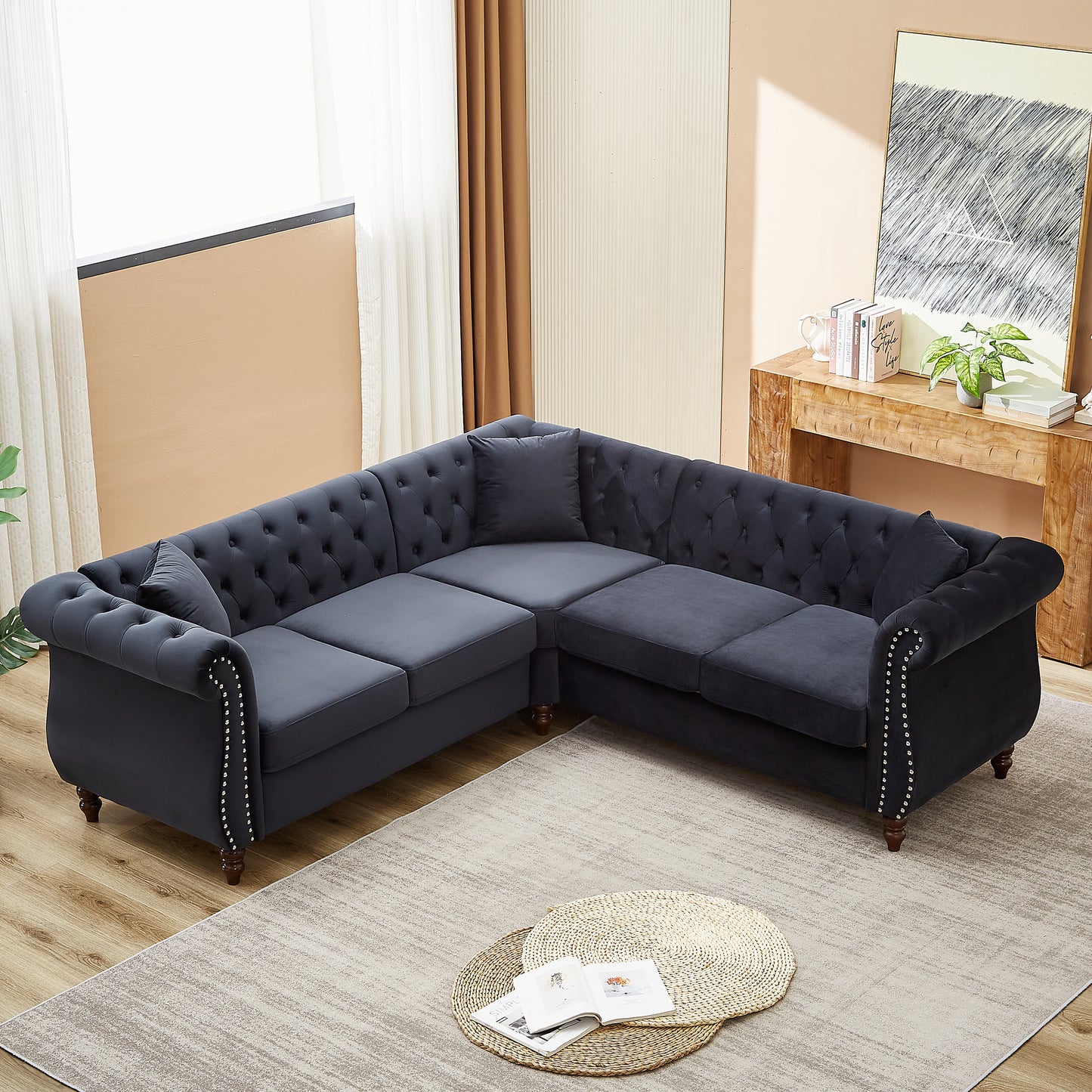 83.5-Inch Streamline Modern Corner Sofa with 3 Pillows